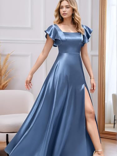 Monlity Satin Bridesmaid Dresses with Slit Long Square Neck A Line Short Sleeve Formal Evening Dress for Women3