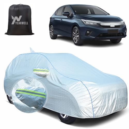 Image of Car Body Cover for Honda City i-VTEC, 100% Waterproof, Heat-Resistant with Mirror & Antenna Pockets, Soft Cotton Lining, Triple Stitched, Green Reflector (Reflective Silver)