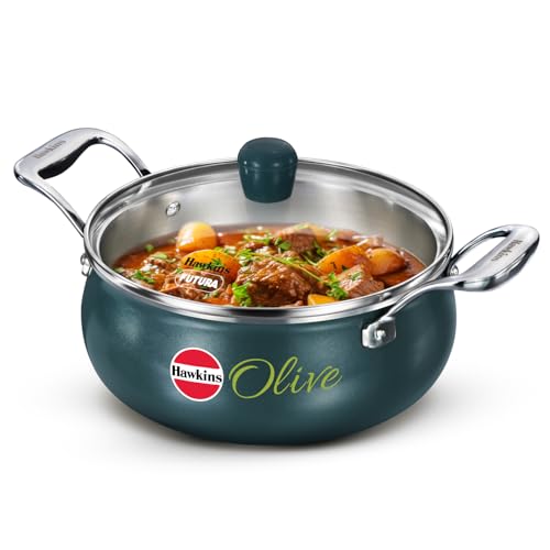 Image of Hawkins 3 Litre Triply Stainless Steel Olive Handi | Induction & Gas Compatible | Easy-Clean Ceramic Exterior | with Glass Lid | Green (POSH30G)