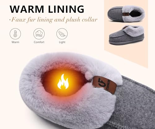 Image of COFACE Women's Arch Support Memory Foam House Slippers Ladies Warm Fuzzy Faux Fur Collar Winter Moccasin Shoes with Orthotic Plantar Fasciitis Indoor Outdoor Grey Size 11