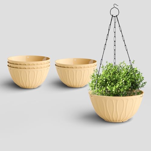 Image of YUCCABE ITALIA SHERA Hanging Wave 8 INCH, Plastic Flower Pot with Drainage Holes Round Planter Pot Suitable for Inddor Outdoor Kitchen (Beige, Pack of 6)
