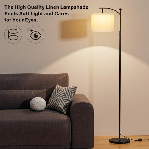 Image of Ambimall 60 inch Floor Lamp with 3 Color Temperatures, Adjustable White Shade, Black Pole - Tall Lamp for Living Room, Bedroom, Office, Classroom, Dorm - 9W Bulb Included
