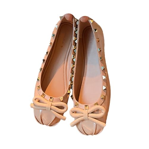 Women's Patent Leather Slip-On Ballet Flats,Cute Bow Studded Square Toe Comfortable Soft Sole Casual Dressy Party Shoes