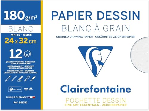 Clairefontaine 96175C - Pochette Dessin Scolaire - 12 Feuilles Papier Dessin Blanc à Grain - 24x32 cm 180g - Idéal pour les Arts Plastiques