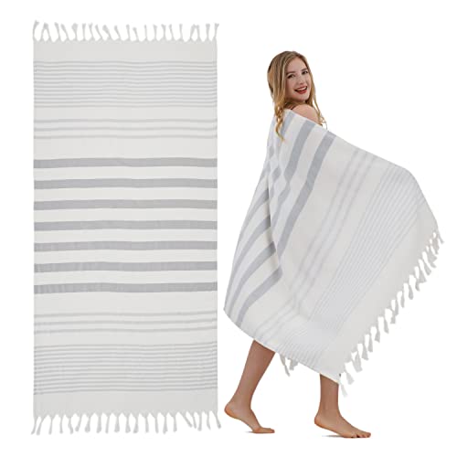 Winthome Toalla Playa Suave - Toalla Hammam de Algodón Ligero, Ahorra Espacio, Beach Towel con Borlas Absorbente, Secado Rápido, Libre de Arena, Toalla de Baño Turco para Mujer Hombre(1Pack,150x75cm)