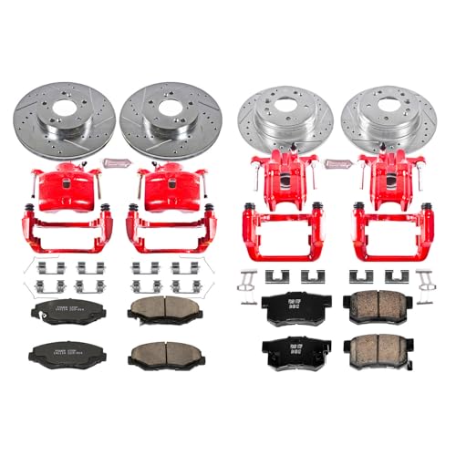 Image of PowerStop Front and Rear Brake & Caliper Kit for Honda Element 2003-11 - Carbon-Fiber Ceramic Brake Pads + Drilled & Slotted Rotors + Red Powder Coated Calipers, KC5389