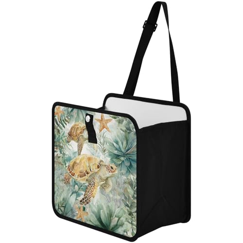 Image of Car Trash Can Organizer Bin with Adjustable Strap for Back Front Seat Console Waterproof Leakproof Collapsible Portable 8.66 Inch Sea Turtle Starfish Plants