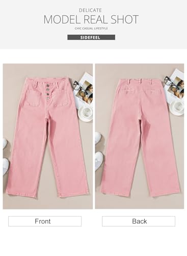 Sidefeel Women's Wide Leg Jeans High Waisted Straight Leg Jeans Buttoned Loose Stretchy Denim Pants with Pocket Peach Blossom Size 4 Long4