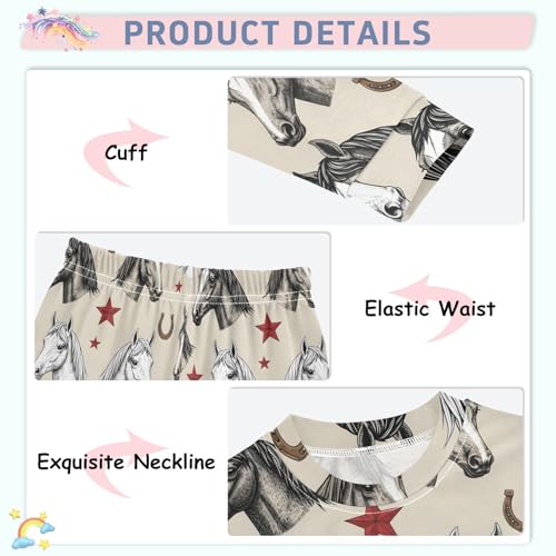 Pajama Sets Long Sleeve Horse Heads Stars Horseshoes Pattern Soft Comfy Sleepwear 2 Piece PJS 3-8T4