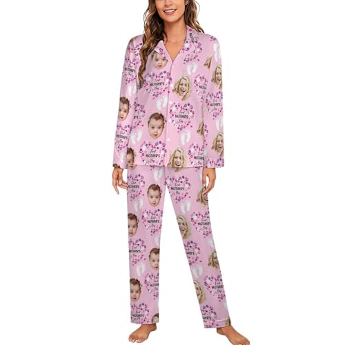 NOONATIVE Personalisierte Frauen Langarm Pyjama Set mit Foto Gesicht,Personalisiert Damen Nachtwäsche Sets,Muttertagsgeschenke für Mama