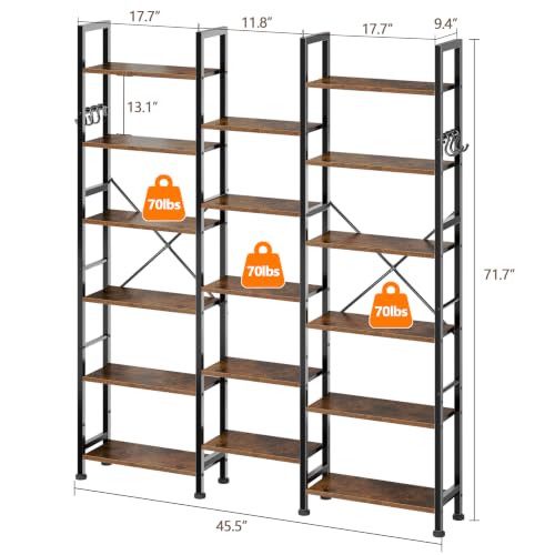 Image of Furologee Triple Column 6 Tier Bookshelf, Large Bookcase with 17 Display Shelves, Wide Book Shelf with 6 Hooks, Adjustable Rustic Bookshelves Storage Organizer, Shelving Unit for Living Room, Office
