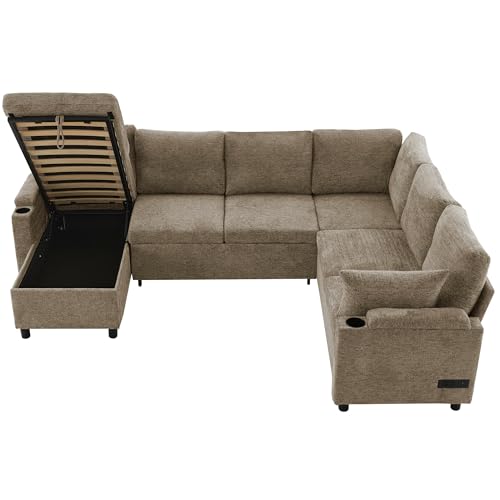 Image of ERYE 110-Inch U-Shaped Left Facing Sleeper Sectional Sofa Chenille Upholstered Corner Convertible Pull Out Sleeper Sofabed with Cupholders,Armrests Storage and USB Ports