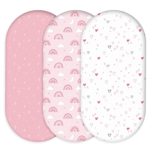 Civarua Kids Bassinet Sheets for Baby Girl 32 * 16, 3 Pack Soft Breathable Baby Bassinet Mattress Sheets Fit for Hourglass Oval Cradle, Moses Basket Rectangle Mattress (Rainbow, Pink)