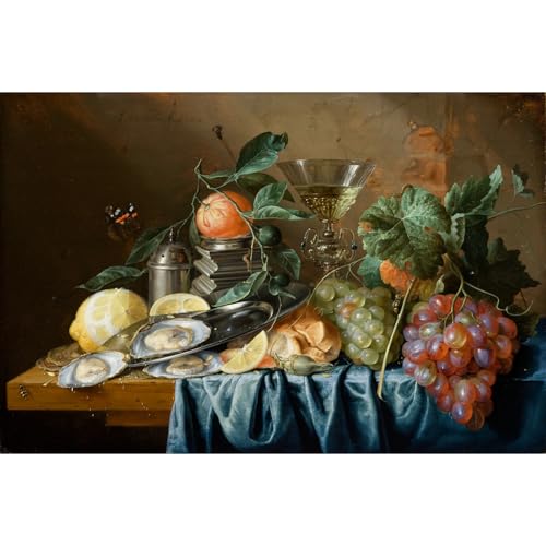 Nature morte avec huîtres et raisins toile giclée pour grand mur vide