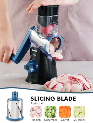 Image of Geedel Rotary Cheese Grater, Kitchen Mandoline Vegetable Slicer with 3 Interchangeable Blades, Easy to Clean Rotary Grater Slicer for Fruit, Vegetables, Nuts