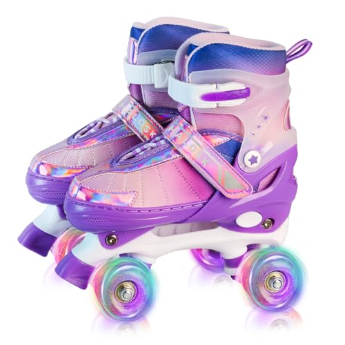 HALOSK Patines de ruedas para niñas principiantes de 6 a 12 años, color morado arcoíris, ajustables, para jóvenes, con todas las ruedas iluminadas, zapatos de patinaje para deportes al aire libre