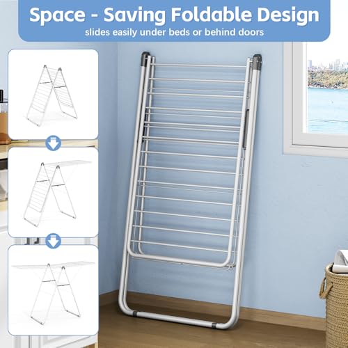 KINGBOARD Clothes Drying Rack Foldable, Metal Drying Rack Clothing with Height-Adjustable, Laundry Rack, Indoor Outdoor Use, No Assembly, 20.47"x 70"x 42.52", White by KINGBOARD - Image 3