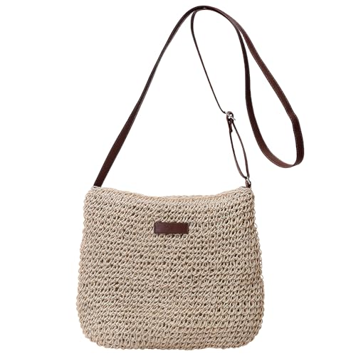 GWAWG Women's Straw Crossbody Bag with Leather Tag, Boho Woven Raffia Handbag,29x23x6cm,Lightweight Summer Beach Holiday Shoulder Bag,Zip Closure (Beige)