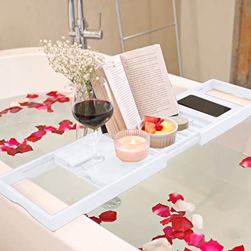 Premium Bamboo Bathtub Tray Caddy - Expandable Wooden Bathroom Tray - Adjustable Bathroom Tray For Tub - Luxury Bath Caddy Tub Table - Gift Idea For Loved Ones (White) #TOP6