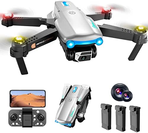 Drone with Dual Cameras for Adults Kids-WIFI FPV 4K HD Camera Drones with 72 Cool Lightings, RC Selfie Quadcopter for Boys Girls Toy Gift, Small Skyquad with Emergency Stop, Gravity Sensor, Waypoint Fly, Gesture Control, 3 Speeds, 45 Mins Fly (Gray)