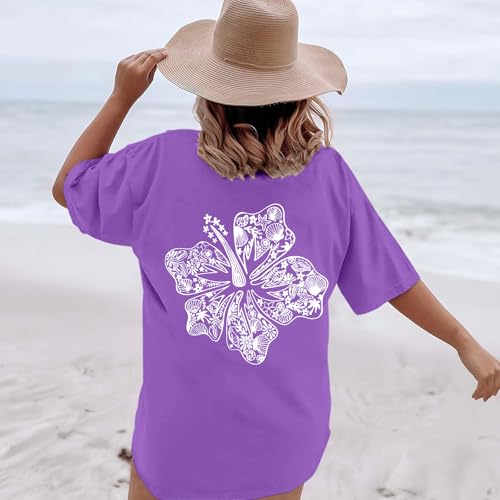 Image of Hawaiian T Shirts for Women Oversized Aesthetic Hibiscus Flower Beach Shirt Teens Preppy Tropical Graphic Tee Tops