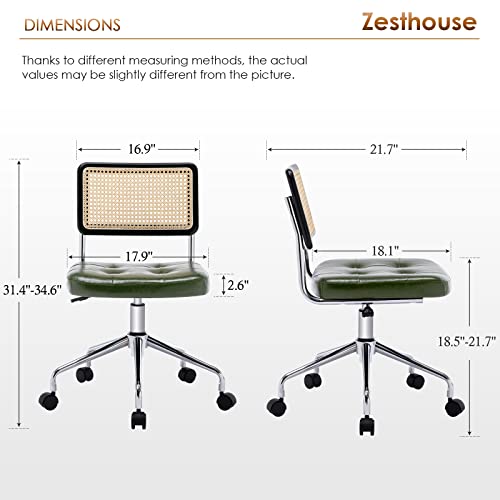 Image of Zesthouse Mid Century Home Office Chair, Armless Desk Chair with Rattan Back, Adjustable Height Task Chair Vanity Chair for Girls Women, Upholstered Swivel Chair, Green Faux Leather