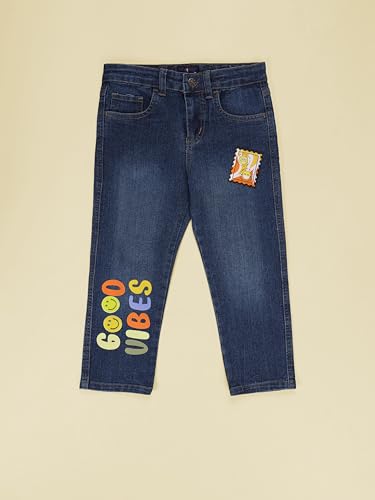 Image of KiddoPanti Boys Regular Fit Denim Pant | Stretch Poly Cotton Denim | Regular Fit Full Length Pant | Back Elasticated & Button with Zip Open Fly