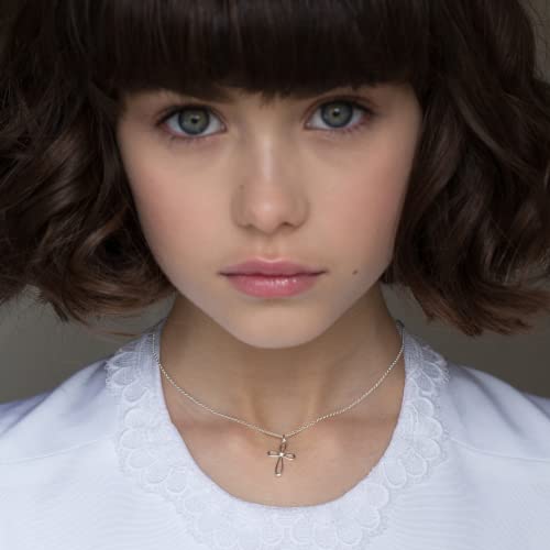 Molly B London Sterling Silver Rounded Cherish Cross Necklace For Girls With 1Pt Diamond, Dainty Teen Jewelry. Perfect First Communion Gifts For Girls, Baptism Gifts, Birthday Gift, Sweet 16 #TOP3