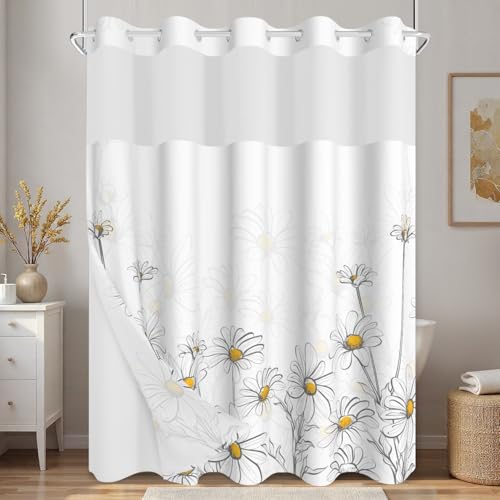 Xiazhilaio Daisy Floral Shower Curtain with Snap in Liner - Spring Summer Themed Flower Bath Shower Curtain No Hooks, Waterproof Double Layer Bathroom Curtain with Mesh Top Window, 71″W x 74″L