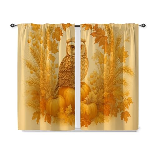 Cortinas de cocina con diseño de búho, calabaza rústica, hoja de arce, otoño, naranja, tratamiento de ventana para cortinas de ventana de cocina sobre fregadero, 26 x 45 pulgadas