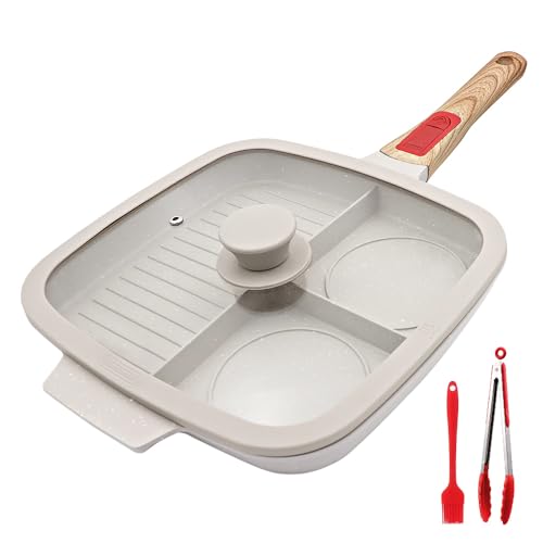 Bobikuke Sarten Parrilla con Mango Extraíble y Tapa, 3 en 1 Grill Asador con Rayas 28 x 24 cm - Blanco
