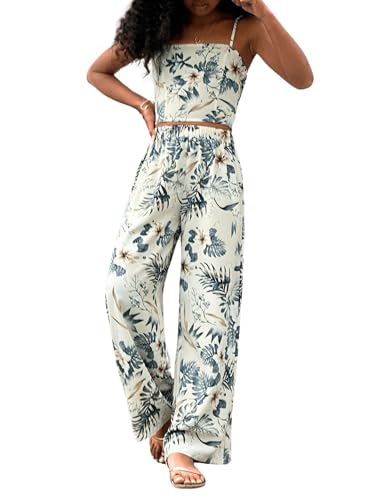 Image of Floerns Girl's 2 Piece Outfit Hawaiian Tropical Crop Cami Tops and Boho Pants Set