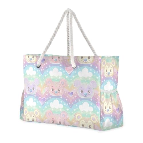 Bear Cartoon Large Capacity Large Beach Tote with side pocketes Bag, Shoulder Weekender for Travel Gym Vacation