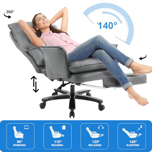 Image of Big and Tall Office Chair 500LBS, Ergonomic Gaming Chair Reclining Office Chair with Foot Rest for Adult,Pu Leather Computer Desk Chair with Adjustable Armrests for Home Living Room,Grey