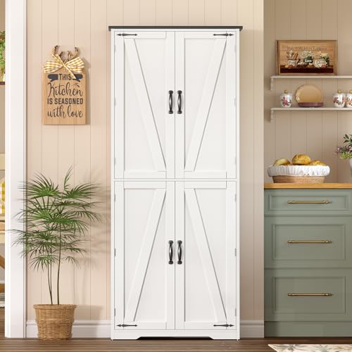 Image of TEENFON Tall Pantry Cabinet, Kitchen Cabinet with 4 Shelves, Adjustable Shelves, Pantry Cabinets with 4 Barn Doors, Tall Kitchen Cabinets for Dining Room, Living Room, White