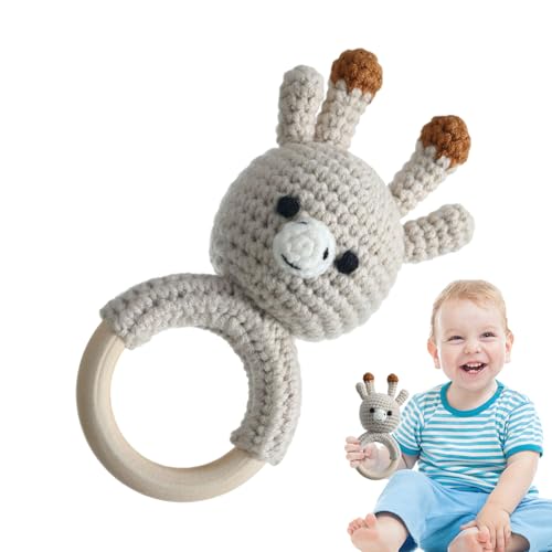 木製のかぎ針編みの赤ちゃんのガラガラ、木製の赤ちゃんガラガラのおもちゃ - 感覚かぎ針編みの動物のガラガラを振る - なだめるようなおもちゃ、イースターバスケットの詰め物、ぬいぐるみ、子供のためのベビーシャワーの装飾