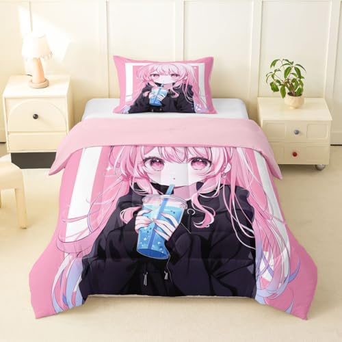 Image of Erosebridal 3D Japanese Kids Comforter Set | Anime Girl Drinking Milk Tea Bedding Twin Size Cute Kawaii Girly Down Comforter Modern Fashion Aesthetic Duvet Set for Bedroom