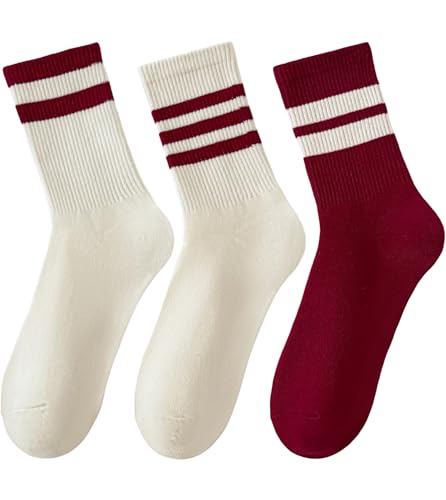 Arukora Striped Crew Socks for Women 3 Pairs Size 5-9 Ankle Cotton Tube Burgundy Stripe Sport Calf Sock White Red