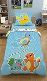Bettwäsche Pokemon 135x200 + 80x80 · Pokémon Pikachu, Glumanda, Schiggy & Bisasam · KinderBettwäsche Set 2-teilig Bettbezug + Kissenbezug · Deutsche Größe · Microfaser