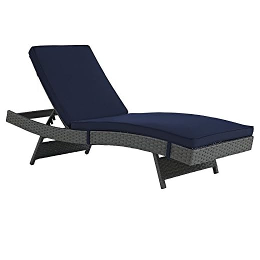 Modway Sojourn Wicker Rattan Outdoor Patio Sunbrella Fabric Chaise Lounge in Canvas Navy