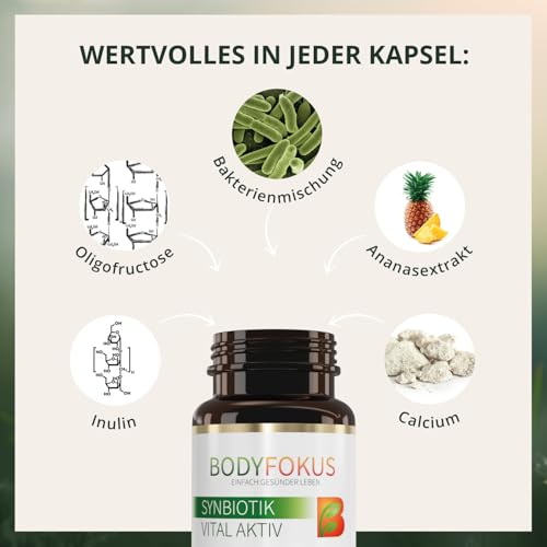 BodyFokus SynBiotik Vital Aktiv | spezielle Bakterienstämme & Präbiotika - natürliche Inhaltsstoffe - enthält Calcium - 60 Kapseln - in Deutschland hergestellt