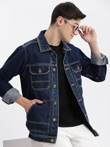 Image of SHOWOFFFF Men Solid Denim Jacket | Spread Collar Full Sleeves Denim Jacket for Mens | Slim Fit Regular Length Jacket for Men's