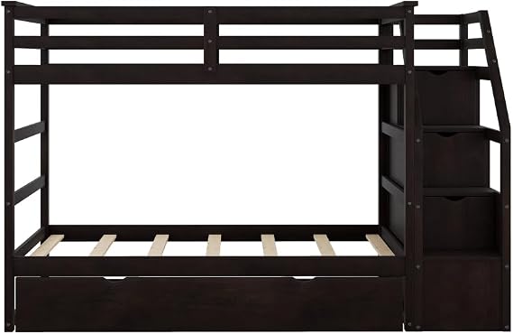 MERITLINE Twin Over Twin Bunk Beds with Trundle and Storage Box, Solid Wood Bunk Bed with Stairs and Storage Case for Teens Adults (Espresso + Solid Wood)