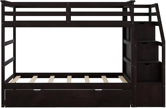 MERITLINE Twin Over Twin Bunk Beds with Trundle and Storage Box, Solid Wood Bunk Bed with Stairs and Storage Case for Teens Adults (Espresso + Solid Wood)