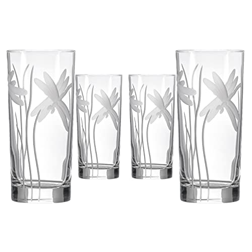 Rolf Glass Dragonfly Highball Glass 15 ounce - Set of 4 Cooler Glasses – Lead-Free Glass - Etched Drinking Glass with Heavy Base - Made in the USA