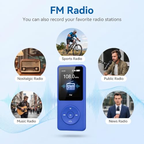 Image of BIGASUO 128GB Mini MP3 Music Player with Bluetooth 5.4 & Voice Control Earphones, Video Playback,Pocket-Sized MP3 Player for Music,Voice Recording,FM Radio, Blue
