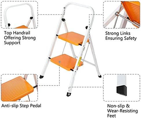 GREENWON 2 Step Ladder Folding Step Stool with Wide Anti-Slip Pedal, Convenient Handgrip, Portable Steel, Sturdy for Household and Office