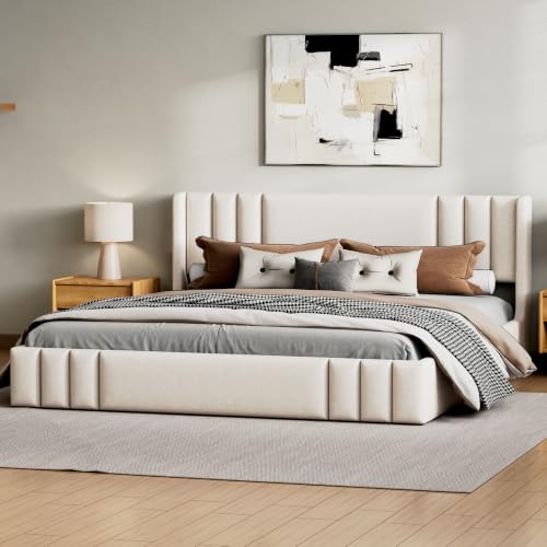 Image of Harper & Bright Designs King Size Low Platform Bed with Upholstered Headboard and Wooden Slats Support for Bedroom, Beige