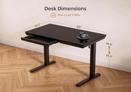 Image of Claiks Small Glass Standing Desk with Drawers & USB Ports 35x19 Black