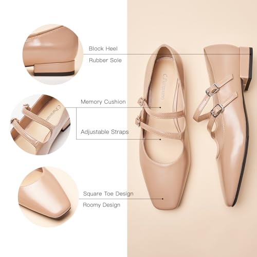 C.Paravano Luxury Mary Jane Ballet Flats: Adjustable Double Straps & Square Toe | Premium Comfort for Gallery Openings, Spring Brunches | Style w/Midi Skirts or Cropped Trousers(Beige,7)4
